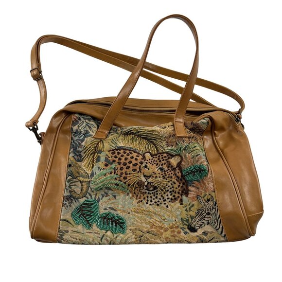 Signature Club A Embroidered Leather Weekender Bag Zebra Cheetah Vintage - Picture 1 of 5